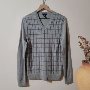 GAP Grey Grid Pattern Merino Wool V-Neck Sweater Grandpa core Academia Sz S